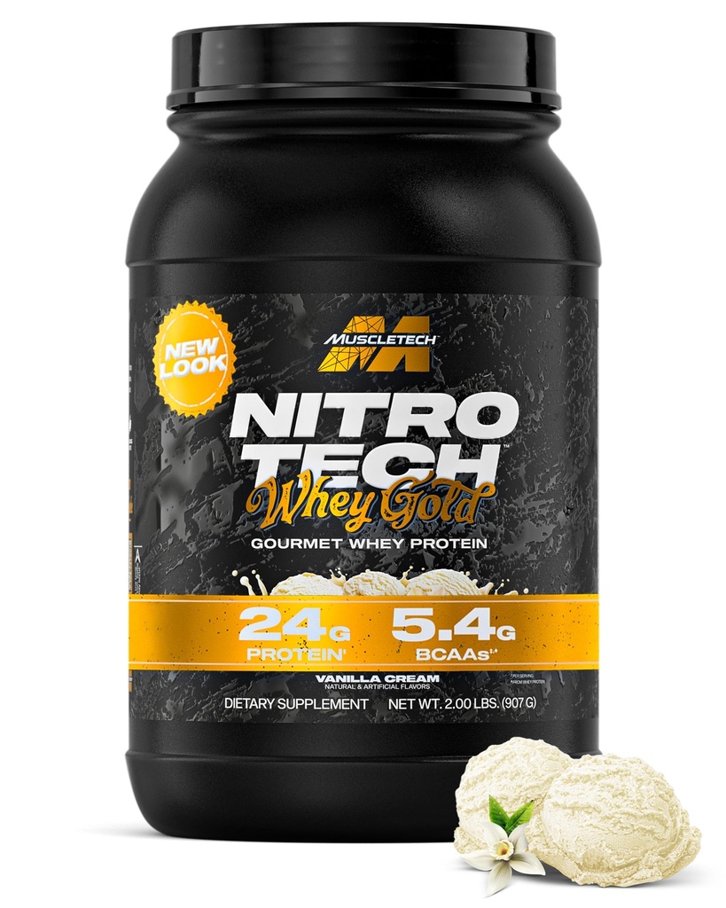 MuscleTech Whey Protein Powder (Vanilla Cream, 2LB) - Nitro-Tech Whey Protein Isolate Smoothie Mix pour Lean Muscle & Recovery - 24g de Whey Gold pour les femmes et les hommes - Emballage May Vary