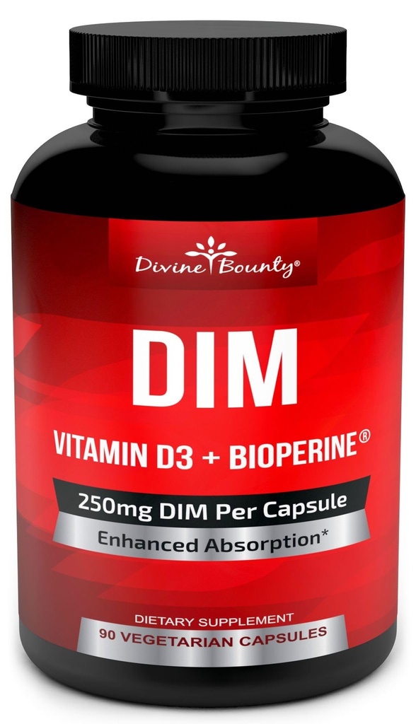 Supplément DIM 250mg avec vitamine D3 Plus BioPerine - Soutien à la ménopause et à l'estrogène Diindolylméthane, soutien à l'équilibre hormonal pour les femmes et les hommes - 90 capsules végétariennes