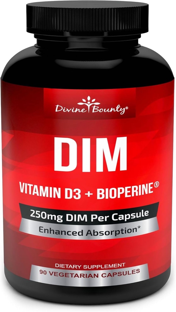 Supplément DIM 250mg avec vitamine D3 Plus BioPerine - Soutien à la ménopause et à l'estrogène Diindolylméthane, soutien à l'équilibre hormonal pour les femmes et les hommes - 90 capsules végétariennes