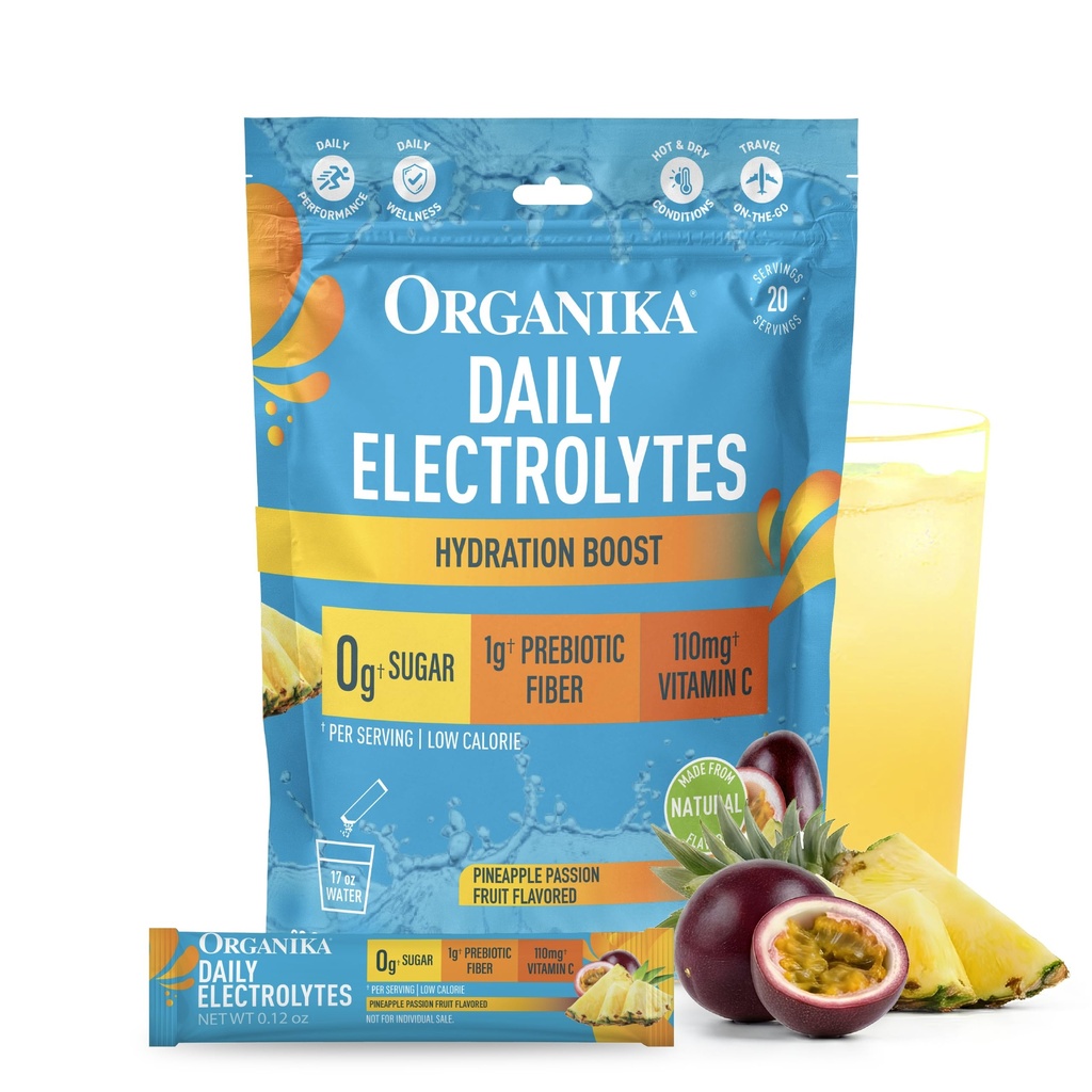 Organika Electrolytes Powder- Pineapple Passionfruit Sachets- On-The-Go, Sugar-Free Hydration and Electrolyte Replenishment with Prebiotics and Vitamin C- 20 Servings