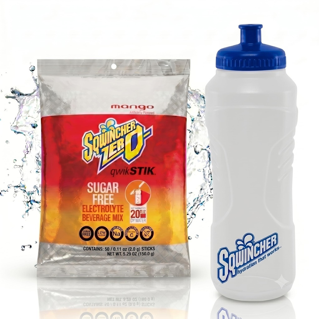 Aabaco Sqwincher Zero Hydration Kit - Cool Citrus Sugar-Free Electrolyte Mix (50 qwikSTIKs) & BPA-Free 32oz Squeeze Bottle for Outdoor Working, Construction, Landscaping & High-Heat Jobs (Mango)