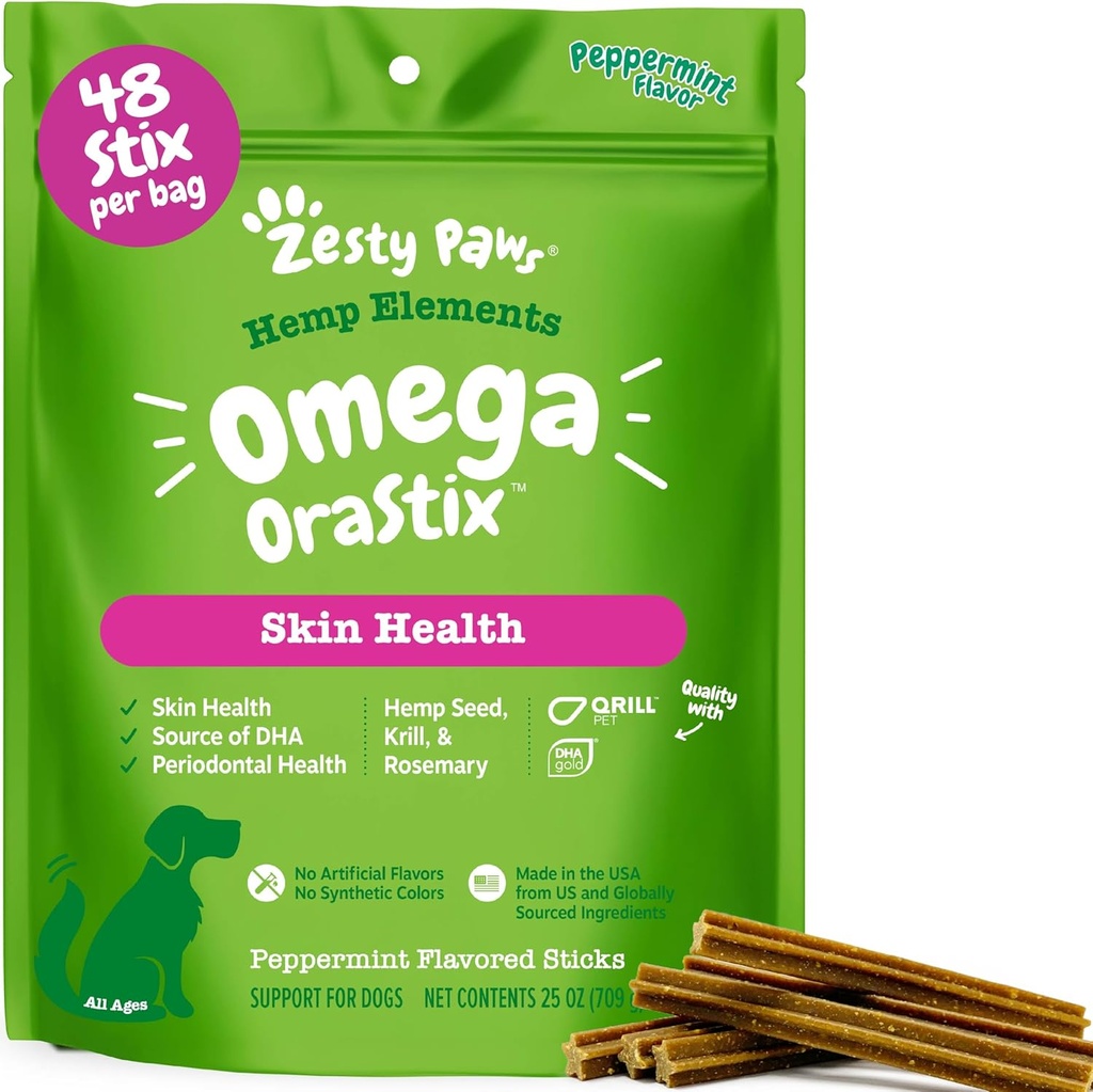 Zesty Paws OraStix pour chiens – Omega Sticks avec Hemp Salmon Krill Huile de krill Broth Anti démangeaisons Soins de la peau Hip & articulaires santé coeur Immunis système soutien chien Tartar nettoyage dents 25oz
