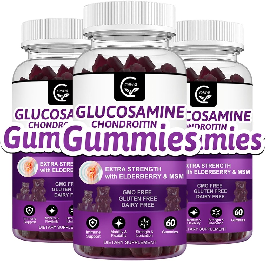 Glucosamine Chondritine Gommies avec MSM & Elderberry – Support de mobilité et flexibilité extra-forte, Supplément immunitaire antioxydant pour adultes, hommes et femmes - 60 Chondritine Gommies (3 Pack)
