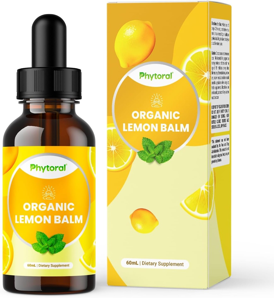 Phytoral Organic Lemon Baume Leaf Extract liquide pour le soutien immunitaire - Teinture de baume de citron pour le soutien de l'humeur et de la relaxation - Gouttes de feuille de teinture biologique pour adultes et enfants Supplément alimentaire - 60 ml