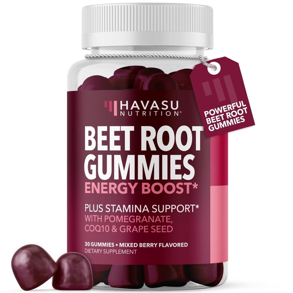 Gommies de racines de betteraves avec COQ10 et grenade - Supplément à l'oxyde nitrique pour les hommes et les femmes - Beetroot pour l'endurance, la performance, la récupération - végétalien, non-OGM, sans gluten - mélange d'arôme de baie, 30 comte