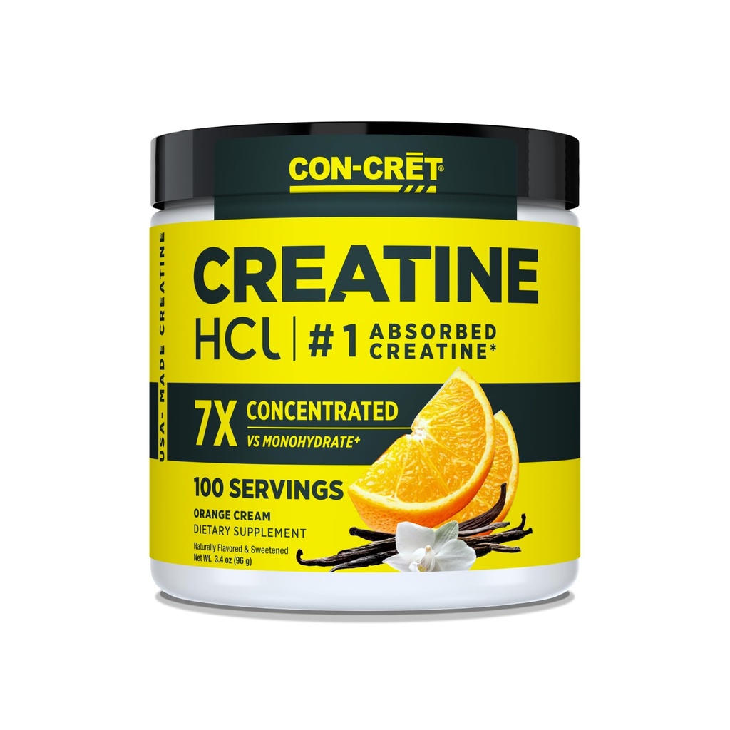 CON-CRET Creatine HCl Powder for Women & Men, No Bloating or Water Retention, Muscle, Strength & Cognitive Support, USA Made, Orange Cream, 100 Servings