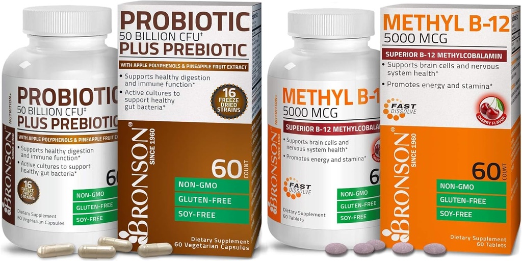 Bronson Probiotique 50 milliards UFC + Prébiotique avec des polyphénols de pomme et extrait de fruits d'ananas + méthyl B12 5000 mcg Vitamine B12 méthylcobalamine