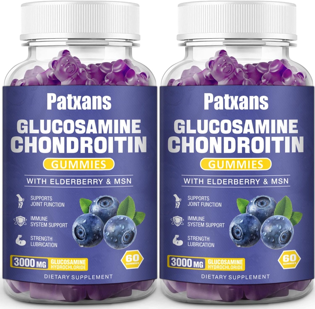 2 Packs 3000MG Glucosamine Chondroïtine Gummies - Extra Strength Joint Health & MSM Elderberry Natural Joint Support Supplément, Flexibilité, Antioxydant Immune Support pour Adultes, 120 Gummies.