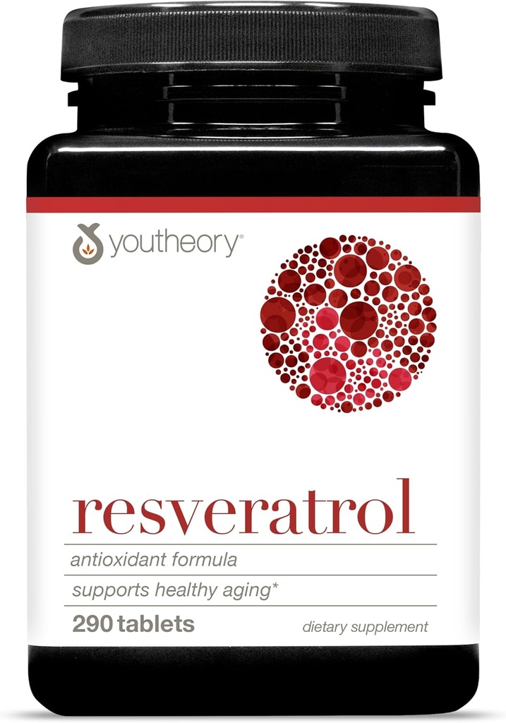 Youtheory Resveratrol Formule Antioxydante Avancée - Supplément Antioxydant Premium avec Mélange Super-Fruit - Contient ResVida - Laiterie, Soy & Sans gluten - 290 Comprimés