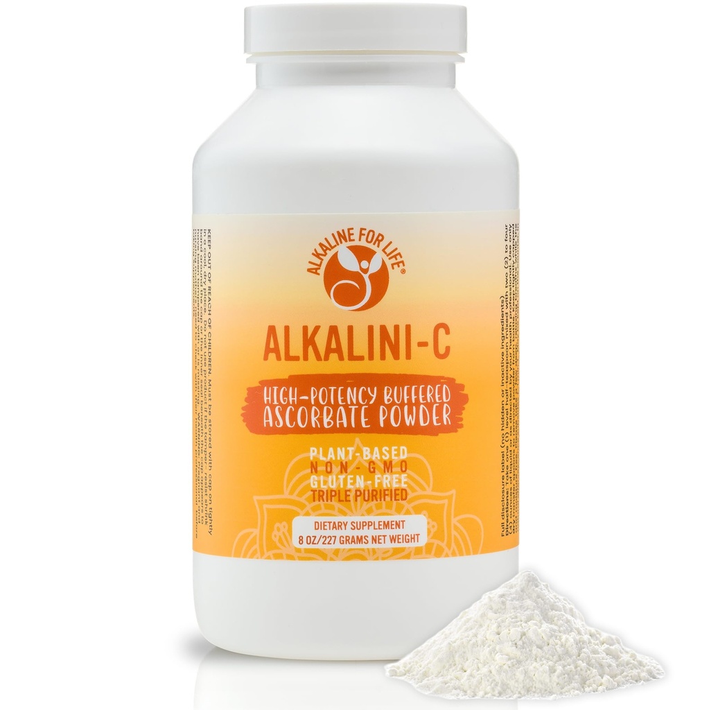 Alkaline for Life Alkalini-C Buffered Vitamin C Powder, Corn-Free | 1,584 mg L-Ascorbate per Half-Teaspoon; with Potassium, Calcium, Magnesium, Zinc; Non-Acidic, Gentle on the Stomach; Vegan