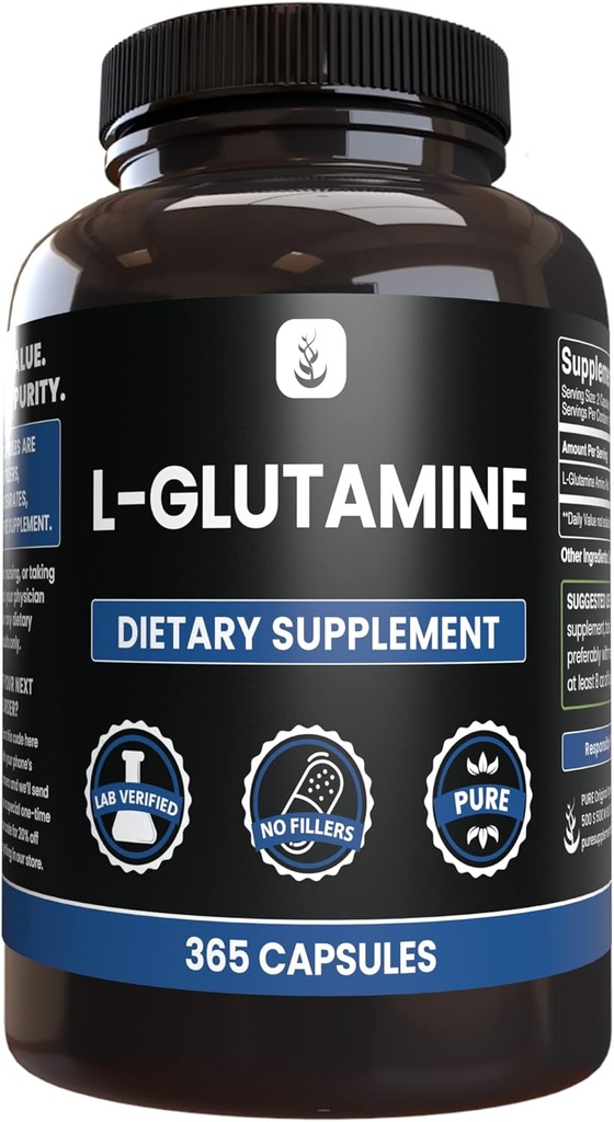INGRÉDIENTS ORIGINAUX DE PURE L-glutamine (365 Capsules) Pas de magnésium ou de poudres de riz, toujours pures, vérifiées en laboratoire