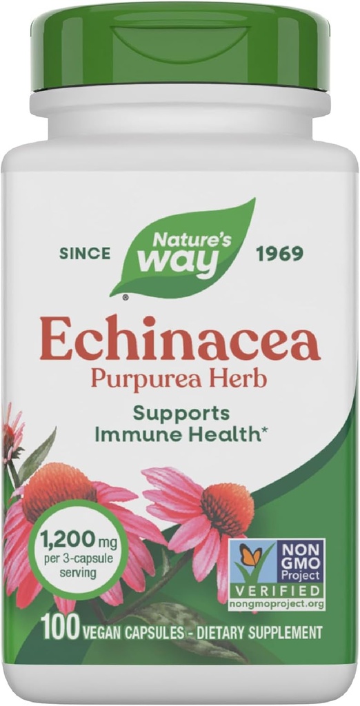Nature's Way Echinacea Purpurea Herb, Supplément de soutien immunitaire*, 1200 mg par portion de 3 capsules, Projet non-OGM vérifié, végétalien, 100 capsules (paquetage May Vary)