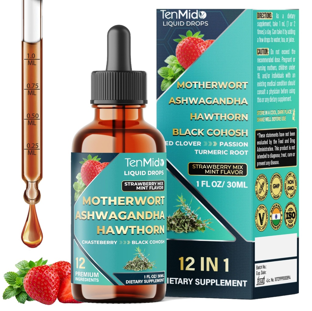 12in1 Motherwort Tincture - Herbal Extract Liquid Drops with Ashwagandha, Hawthorn Berry, Chasteberry, Black Cohosh, Red Clover, Passion Flower, Turmeric, Dong Quai, & More - 30ml 1 Fl Oz