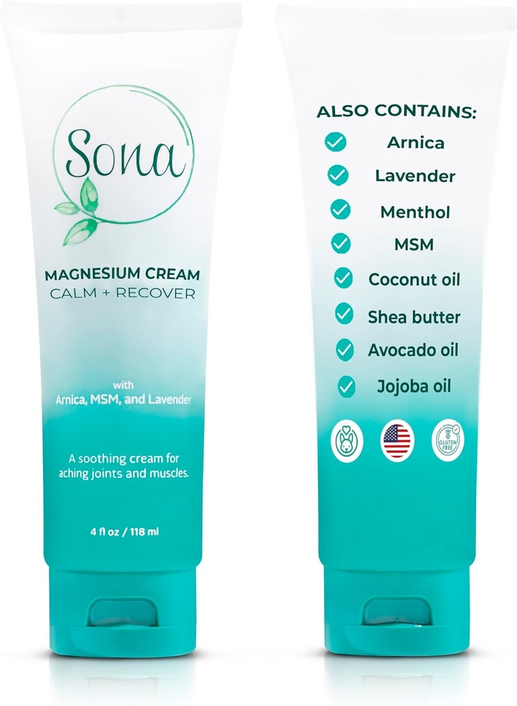 Crème de magnésium avec Arnica, MSM, Mentol et Lavande – Lotion de magnésium topique pour le soutien du sommeil et les crampes de jambes, appliquer sur le dos, les jambes, les pieds et le cou – 4 oz