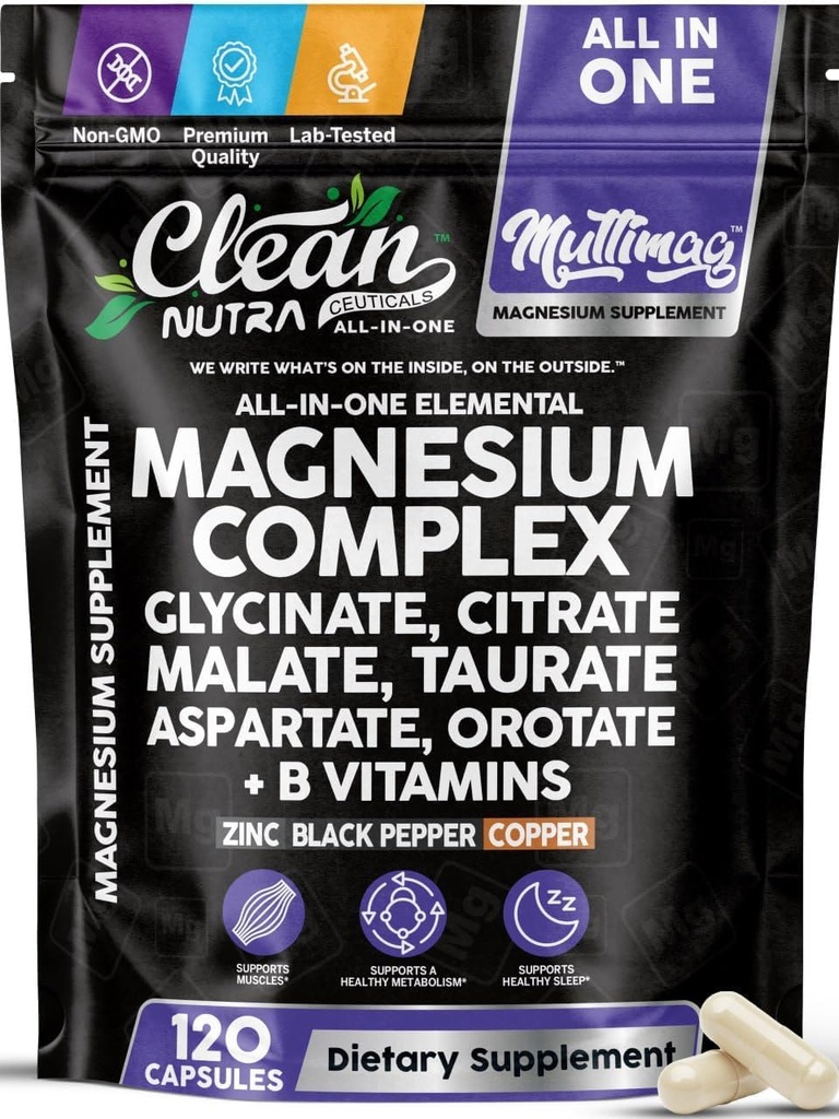 Clean Nutraceuticals Magnesium Complex with Magnesium Glycinate Citrate Malate Oxide Taurate Aspartate Orotate & Mag Chloride, Zinc Copper Manganese (120 Count (Pack of 1))
