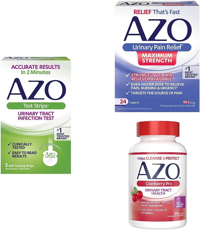 AZO UTI Pain Relief Bundle – AZO UTI Test Strips 3ct, AZO Urinary Pain Relief Max Strength 24ct, AZO Cranberry Pro Supplément 100ct
