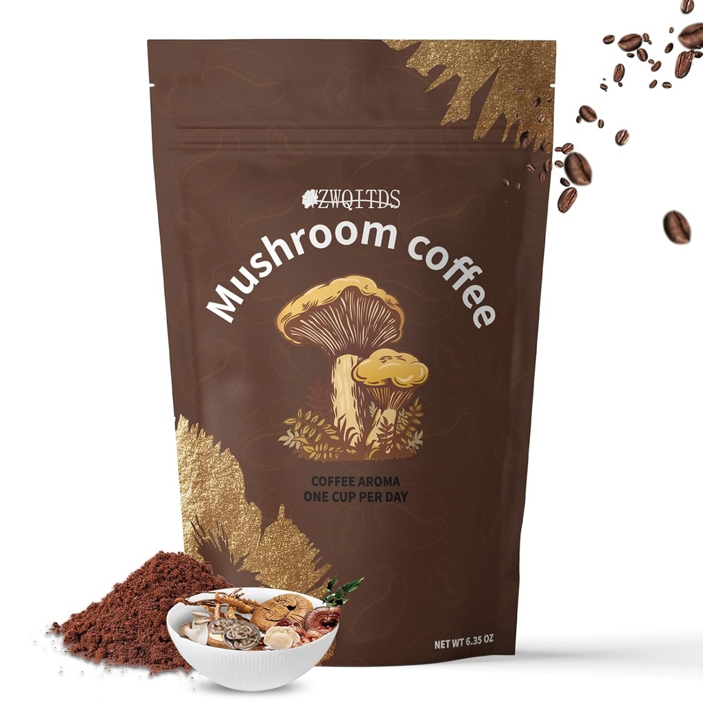 Café de champignons, Café instantané avec Cordyceps, Reishi, Shiitake, Turkey Tail, Lion's Mane for Energy, Focus, Positif Mood & Immmune Support.