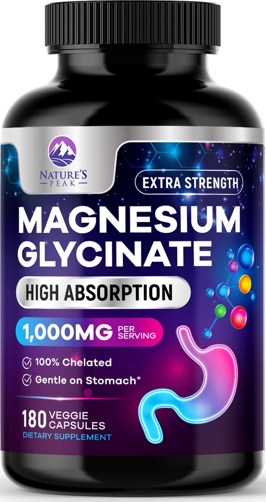 Magnesium Glycinate 1000mg Per Serving - Pure & Chelated for High Absorption - Supports Muscle, Nerve & Heart Health - Best Magnesium Supplement for Gentle Sleep Support, Bottled USA - 180 Capsules