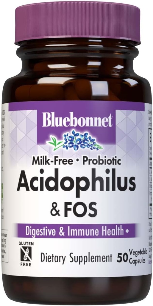 Bluebonnet Nutrition Acidophilus et FOS probiotiques sans lait, santé digestive*, santé immunitaire*, sans gluten, sans soja, sans lait, 50 capsules végétales, 50 portions