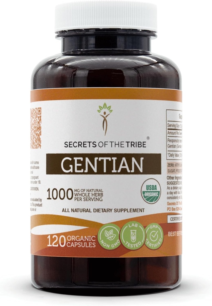 Secrets de la tribu Gentian Capsules biologiques USDA Certifiées Capsules végétariennes biologiques, supplément alimentaire à base de plantes