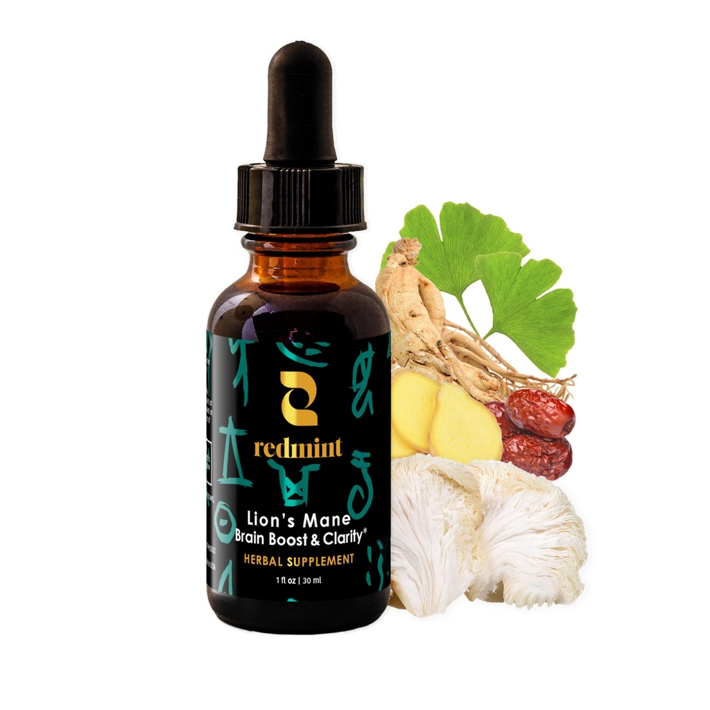 Redmint Lion's Mane Mushroom Extract Tincture, USA Made, with Ginkgo Biloba & Ginseng - Liquid Drops for Focus, Memory, Clarity, Energy & Immune Support - Herbal Nootropic Supplement, 1 fl oz