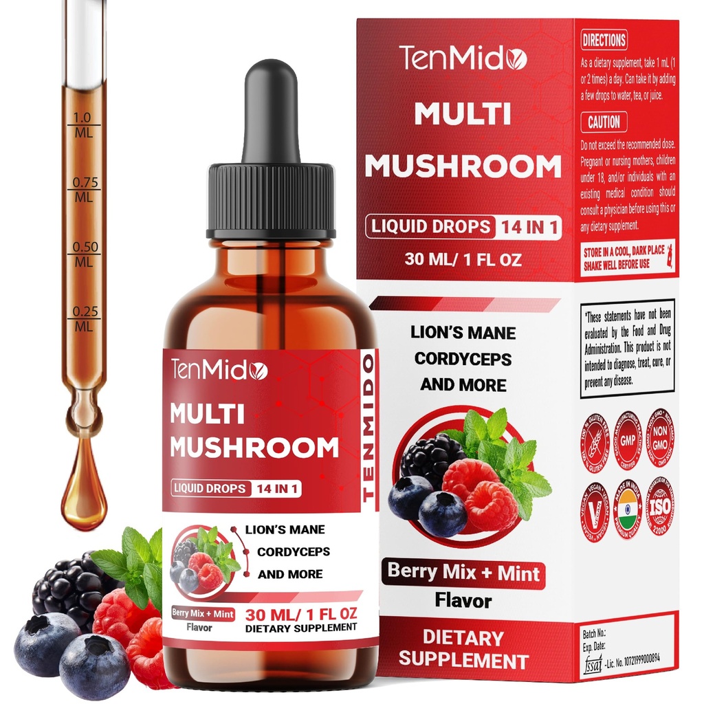 Mushroom Complex - Herbal Liquid Drops - 14in1 with Lions Mane, Cordyceps, Reishi, Turkey, Chaga, Shiitake, Ashwagandha, Bacopa, Gotu Kola, and More - 30ml 1 Fl Oz