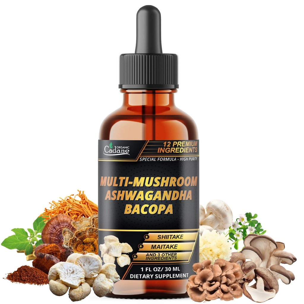 Organic Cadane 12in1 Multi-Mushroom Liquid Drops – Brain Health with Lion’s Mane, Reishi, Cordyceps, Ashwagandha, Bacopa, Shiitake, Maitake, Tremella, Oyster & More – 30ml – 1 Month Supply