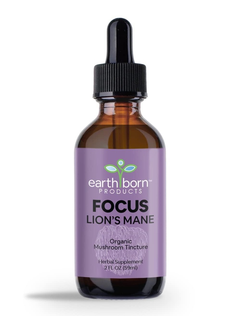 Earthborn Lion's Mane Mushroom Tincture – 100% Organic Liquid Supplement for Focus & Clarity – 2 Fl Oz (60 Servings)