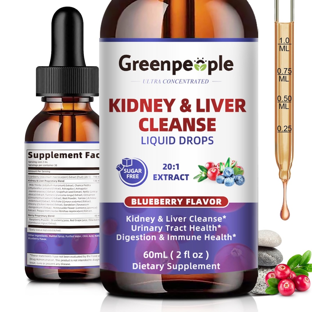 GREENPEOPLE Nettoyage du rein Détox et réparation - 27-En-1 gouttes de rein et foie avec 20:1 Extrait de canneberge et de canneberge, Supplément sans alcool pour le traitement urinaire et le foie (2 Oz 1 Pack, Blueberry)