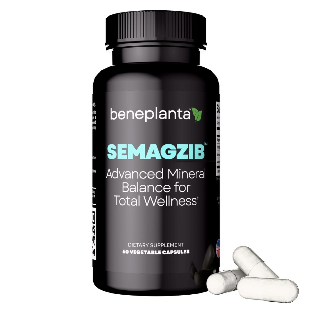 Essential Minerals Complex - Chelated Magnesium Zinc Selenium Boron - 60 Capsules - 30 Day Supply - Energy & Immune Support - Beneplanta SEMAGZIB