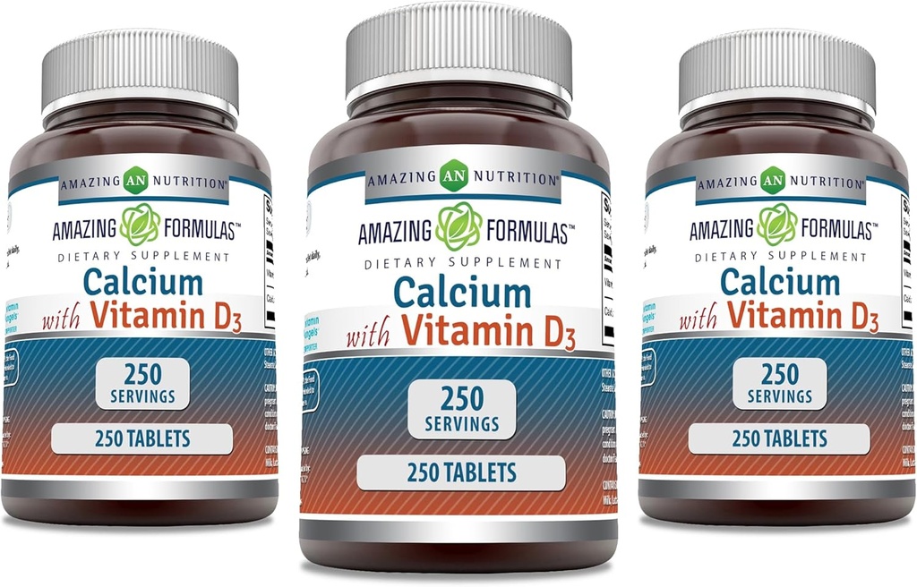Formules étonnantes Calcium avec supplément de vitamine D3 (comprimés) Non-OGM (sans gluten) Fabriqué aux États-Unis (3 Pack, 250 Compte)