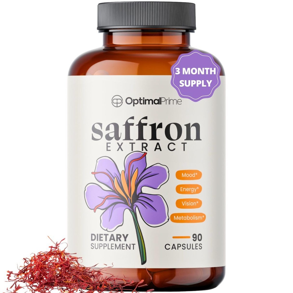 Supplément de safran optimal - 100% pur extrait de safran 88.5mg - Aide à soutenir l'humeur optimale, l'énergie et le métabolisme, Végétarien amical, non-OGM, sans gluten, sans soja, 90 capsules