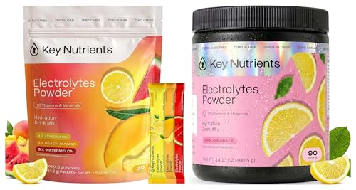 KEY NUTRIENTS Electrolytes Powder Bundle, Pink Lemonade 90 Servings + Electrolyte Powder Packets Variety Pack 10 Count, Sugar Free Hydration Drink Mix with Vitamins & Minerals, No Calories