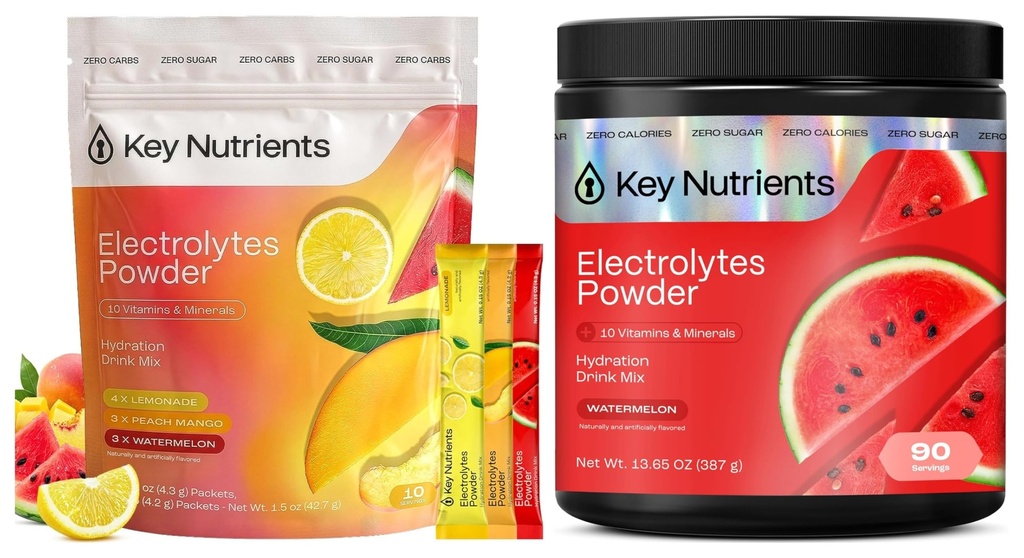 KEY NUTRIENTS Electrolytes Powder Bundle, Watermelon 90 Servings + Electrolyte Powder Packets Variety Pack 10 Count, Sugar Free Hydration Drink Mix with Vitamins & Minerals, No Calories
