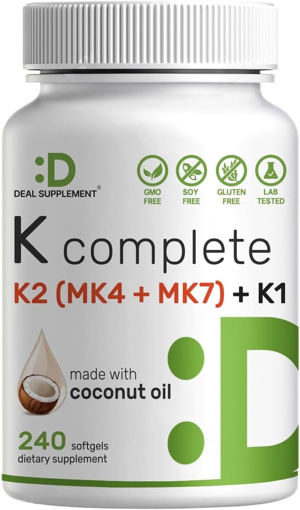 SUPPLÉMENT DE DÉAL Vitamine K Complète - 240 softgels d'huile de noix de coco à haute puissance Vitamine K2 (MK-7 et MK-4) & K1-
