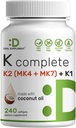 SUPPLÉMENT DE DÉAL Vitamine K Complète - 240 softgels d'huile de noix de coco à haute puissance Vitamine K2 (MK-7 et MK-4) & K1-