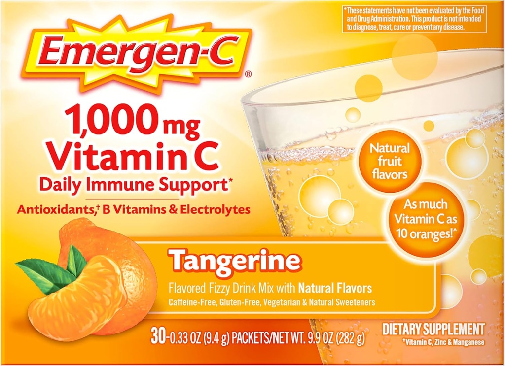 Emergen-C 1000mg Vitamine C Immune Support Poudre Tangerine 30CT comprend le zinc, le manganèse, 7 B Vitamines et électrolytes pour les essentiels de retour à l'école