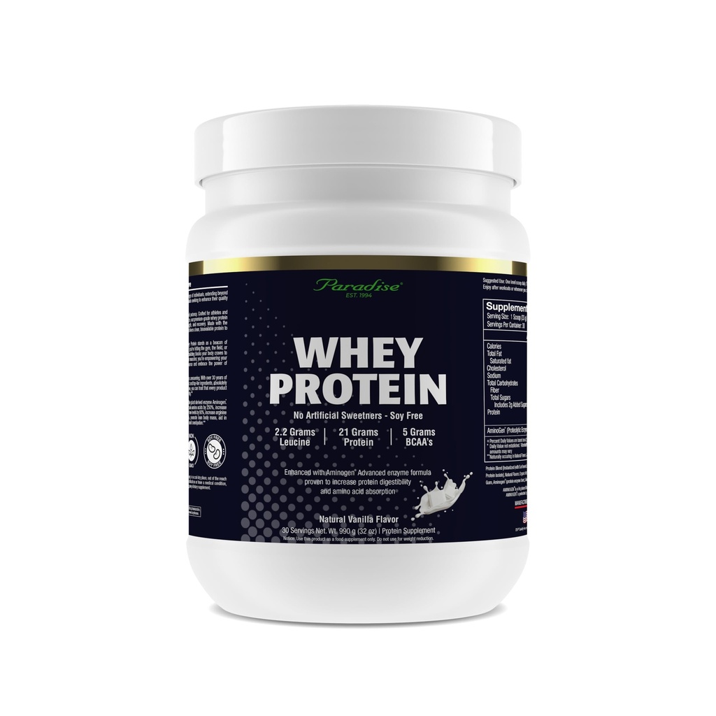 Paradise Herbs, 100% Whey Protein Powder, Vanilla, 21g Protein, 5.5 BCAA's, 2.2g L-Leucine, 210mg Aminogen, 30 Servings