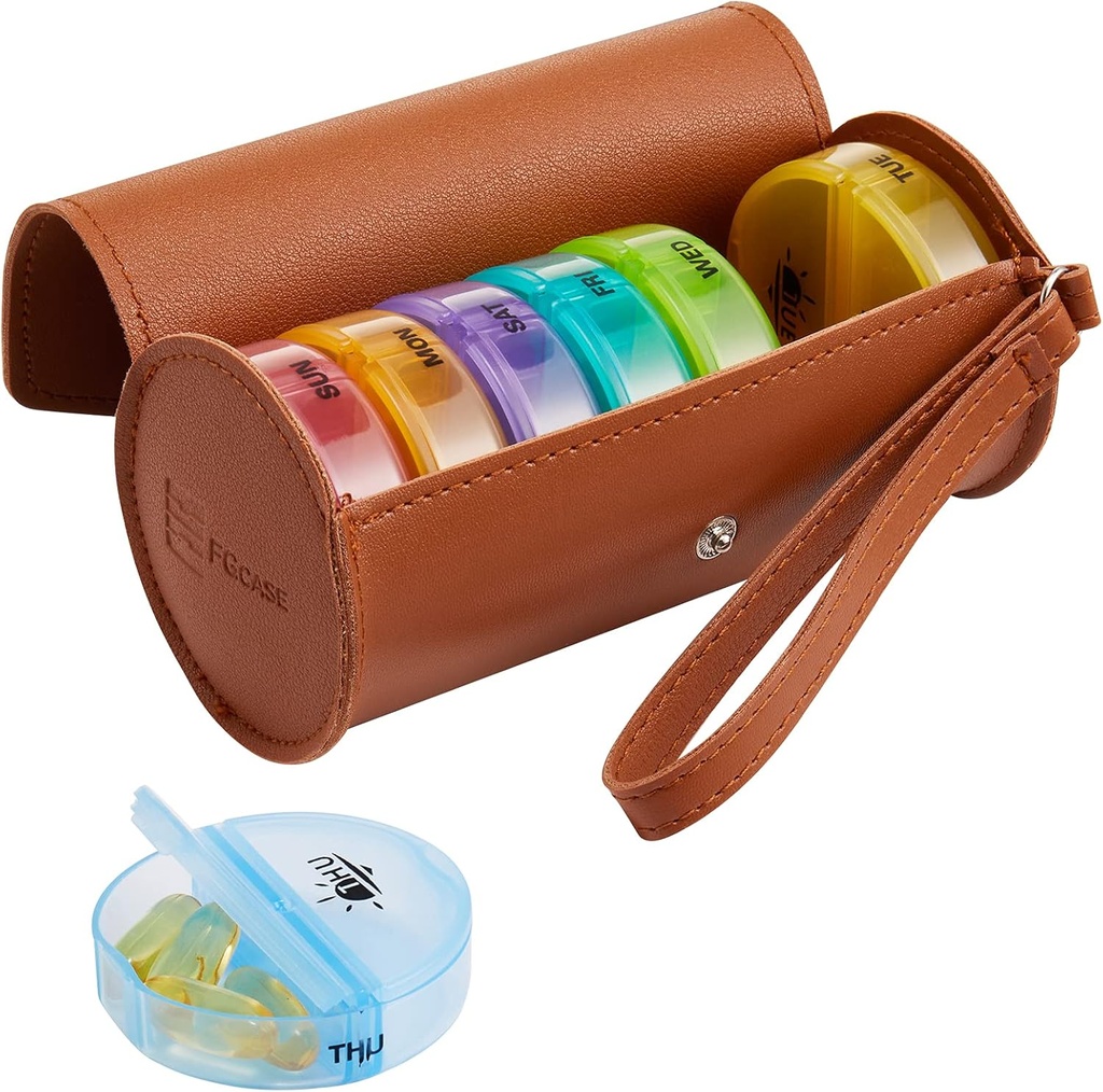 FGcase Weekly Pill Organizer 2 fois par jour Grand 7 jours Rainbow Pill Box avec brun PU Cas en cuir Portable Conteneur de médicaments AM PM Pill Box pour les vitamines, huiles de poisson, médecine, suppléments