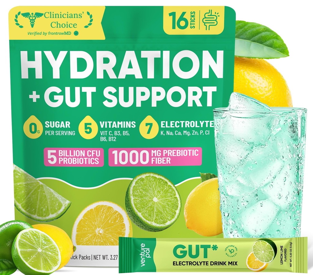 Venture Pal 2-in-1 Hydration Packets + Gut Health Electrolytes Powder - 7 Electrolytes & 5 Vitamins, Probiotics - Sugar Free Liquid Daily IV Drink Mix for Dehydration Relief | Non-GMO | 16 Sticks