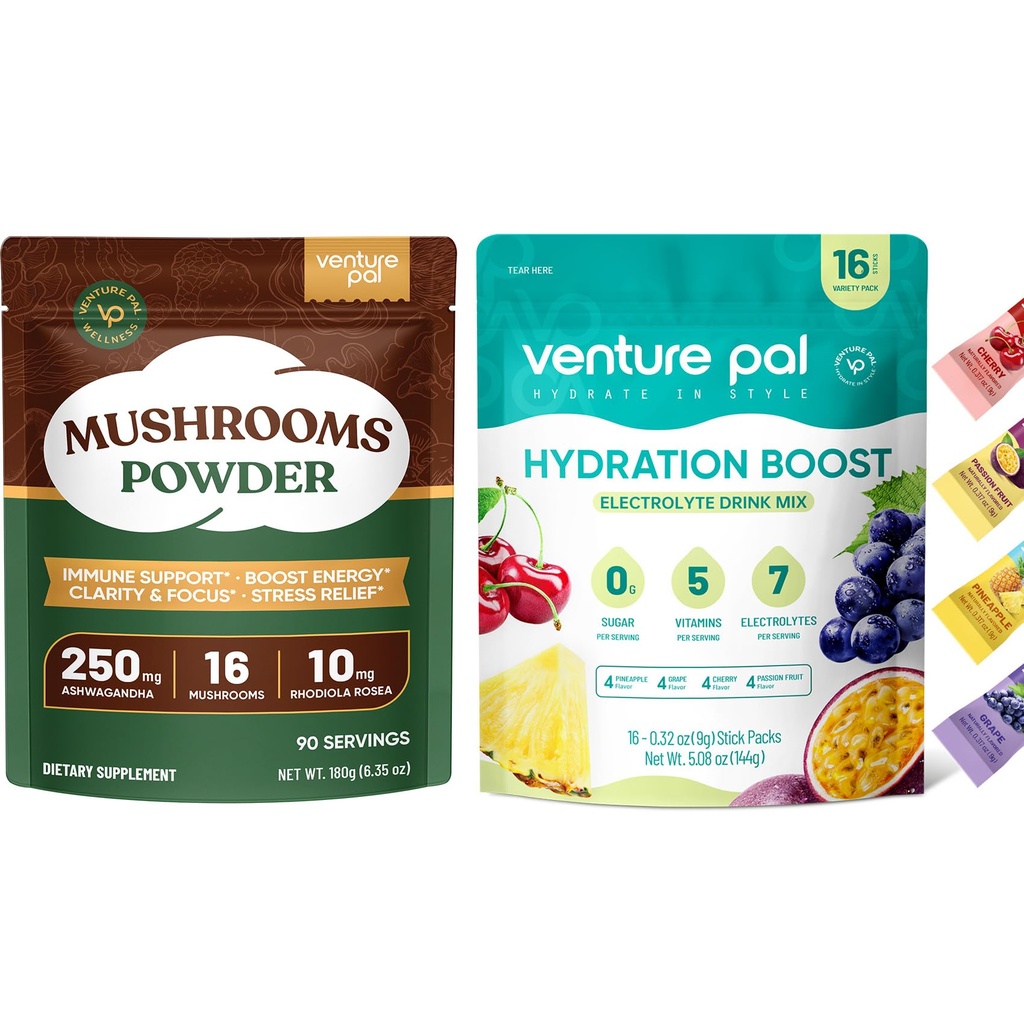 Venture Pal Mushroom Powder & Electrolyte Powder Bundle - 16-Mushroom Adaptogenic Powder Blend with Ashwagandha & Lion's Mane (90 Servings) + Sugar-Free Electrolyte Powder Variety Pack (16 Sticks)