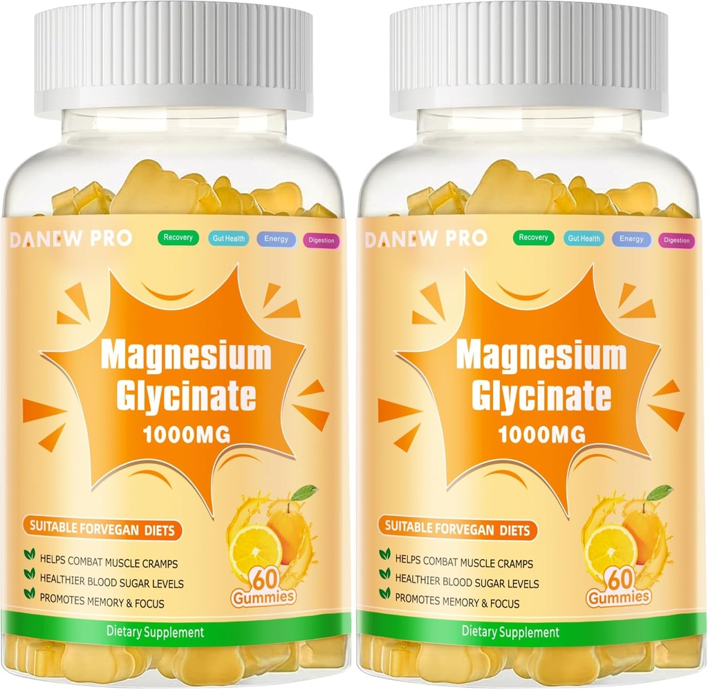 Glycinat de magnésium Gommies 1000mg - Supplément de potassium de magnésium sans sucre avec vitamine D, B6, CoQ10 pour l'humeur calme et le soutien du sommeil - 120 Gommies orange