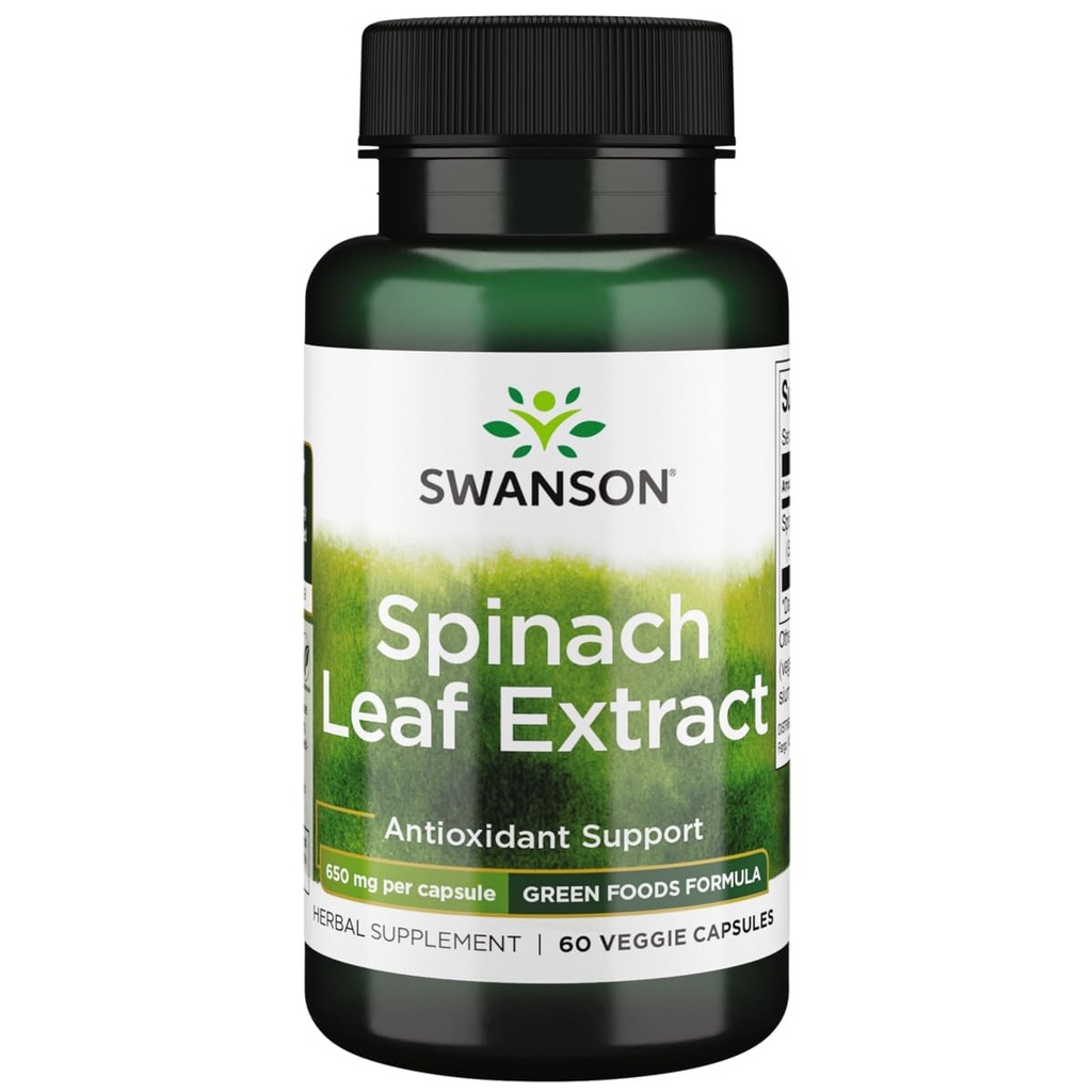 Extrait de feuilles d'épinards de Swanson - Supplément à base de plantes favorisant la santé générale - Préparation d'aliments verts avec les thylakoïdes et la chlorophylle bénéfiques - (60 capsules de légumes, 650mg chacune)
