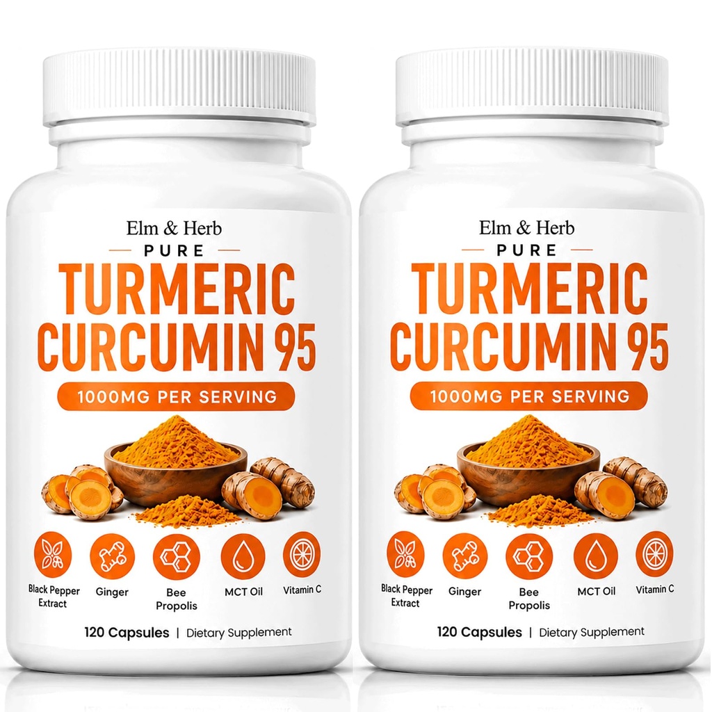 Elm & Herb Pure Turmeric Curcumin 95, Turmeric Curcumin Supplement with Black Pepper, Bee Propolis, Ginger, Fat Soluble Vitamin C (2)