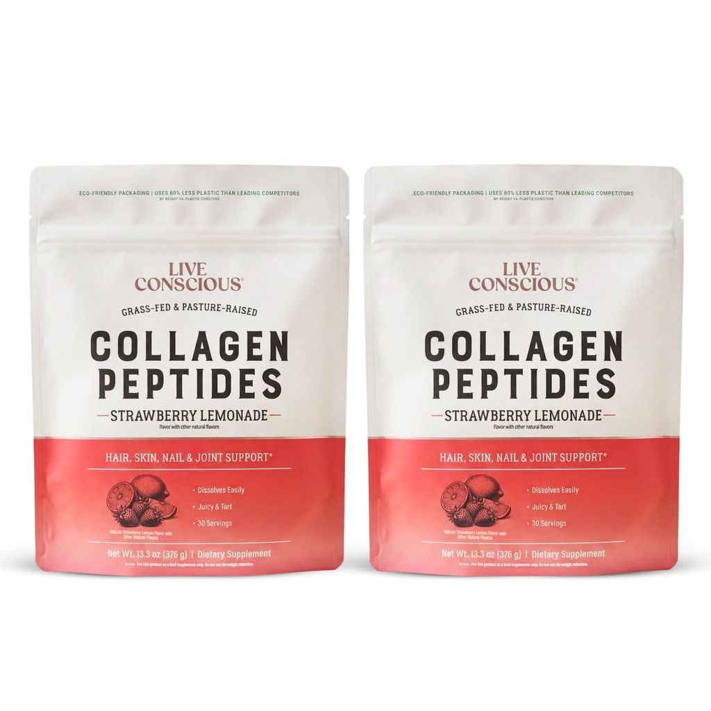 Live Conscious Collagen Peptides Powder - Strawberry Lemonade - Type I & III for Hair, Skin, Nails & Joint Support - Grass-Fed Bovine -Women & Men, 30 Servings - 12.8oz (2PK)