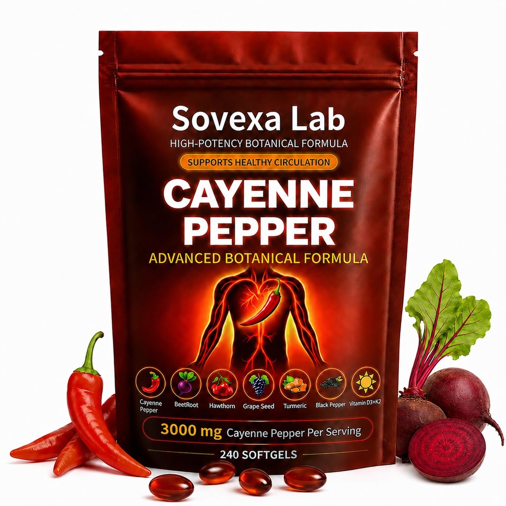 Cayenne Pepper Softgels Supplement for Energy & Cardiovascular Wellness, Active Capsaicin Advanced Botanical Circulation Support Formula with D3 + K2, Grape Seed & Hawthorn – 240 Capsules