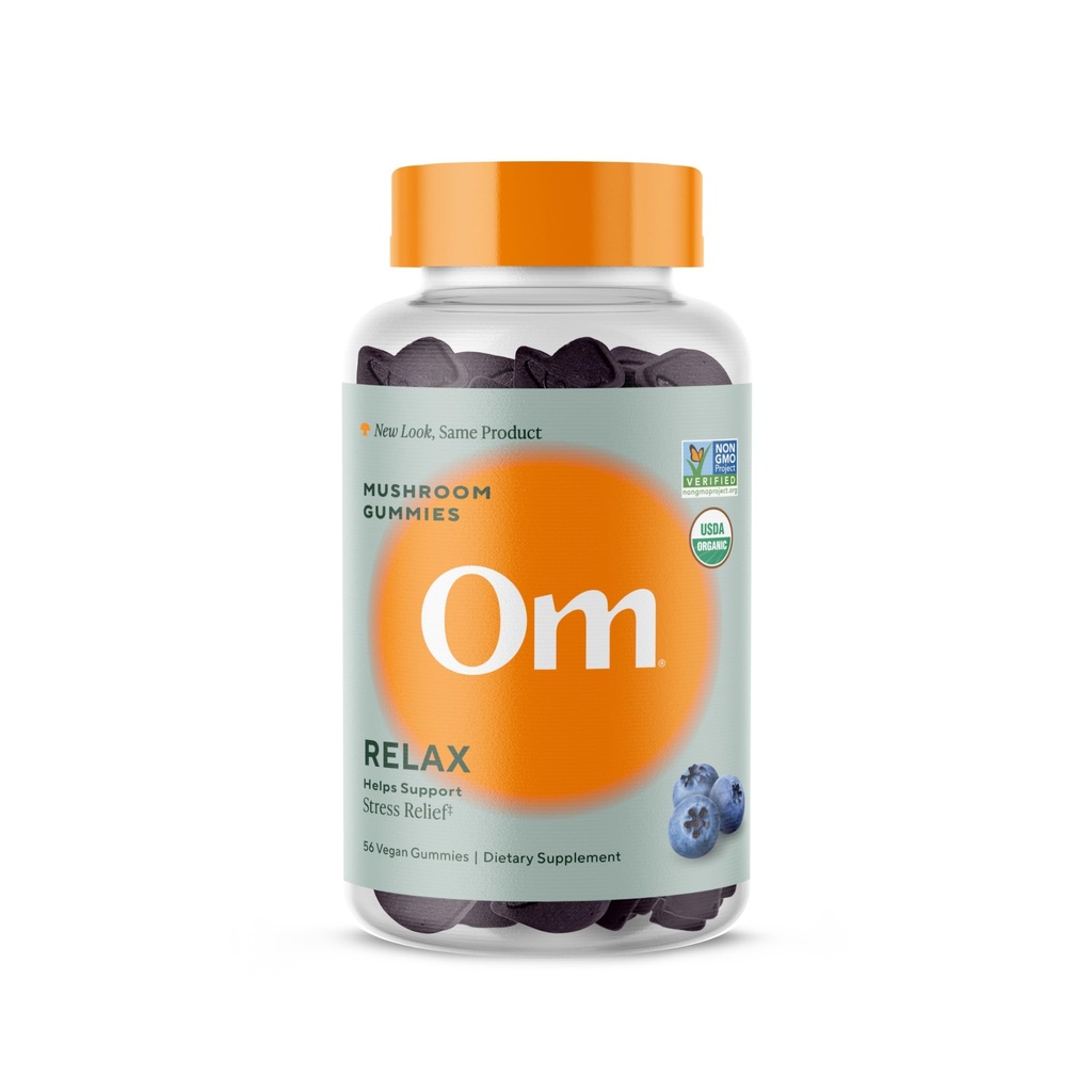 Om Mushroom Superfood Relax Gummies – 28 portions – Blueberry Reishi & Ashwagandha Gummies pour le soulagement du stress, la relaxation et le soutien de l'humeur