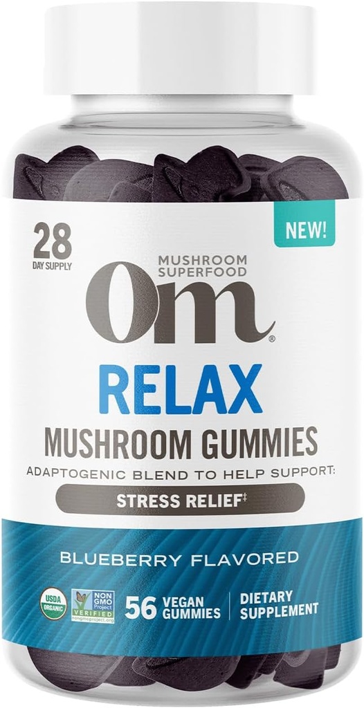 Om Mushroom Superfood Relax Gummies – 28 portions – Blueberry Reishi & Ashwagandha Gummies pour le soulagement du stress, la relaxation et le soutien de l'humeur
