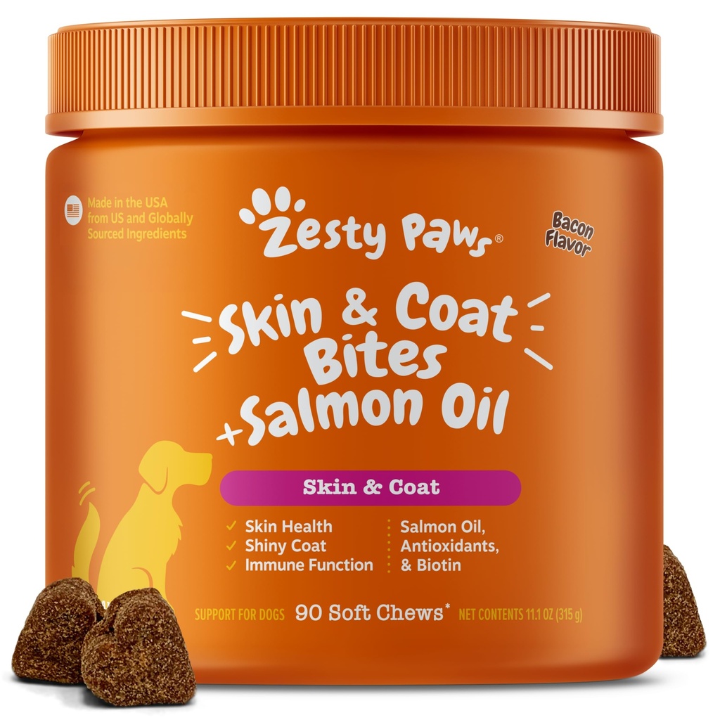 Zesty Paws Salmon Oil for Dogs - Omega 3 Fish Oil Chews, Bacon, 90 Ct