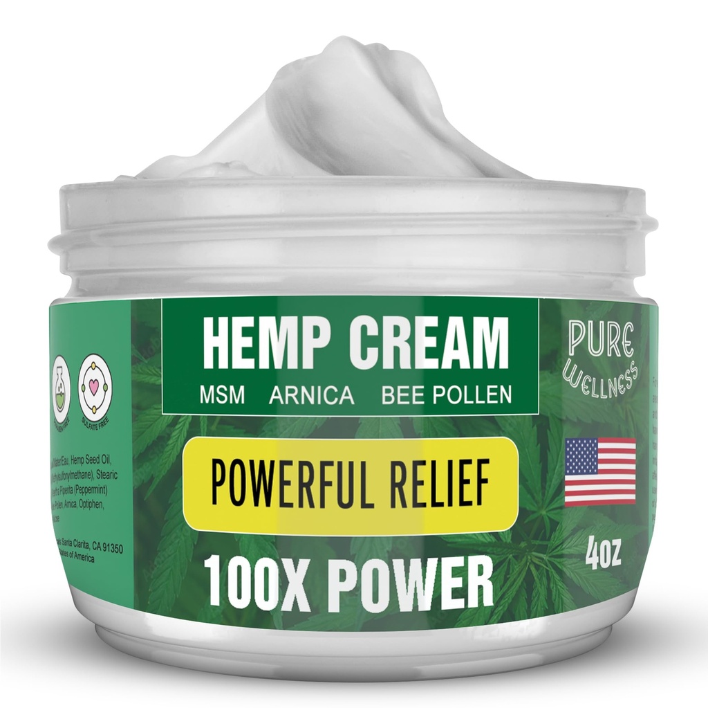 Pure Wellness Hemp Cream Maximum Strength 100,000mg with MSM, Arnica & Bee Pollen - 4 Oz, Supports Relief & Soothing from Joint, Muscle, Shoulder, Back, Knee and Nerve Discomfort - 1 Pack